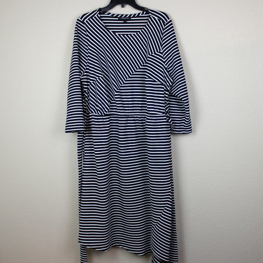 Lane Bryant Asymmetrical Hem Striped Midi Dress 18 20 Black White Stretch Knit